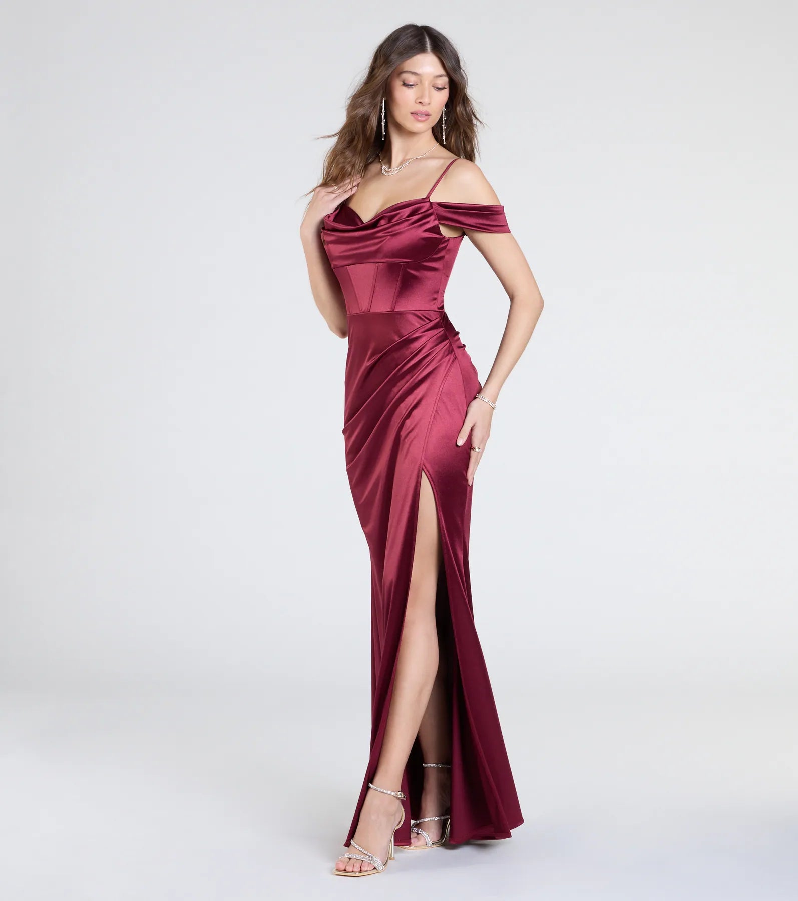 Trista Cold Shoulder Slit Satin Formal Dress