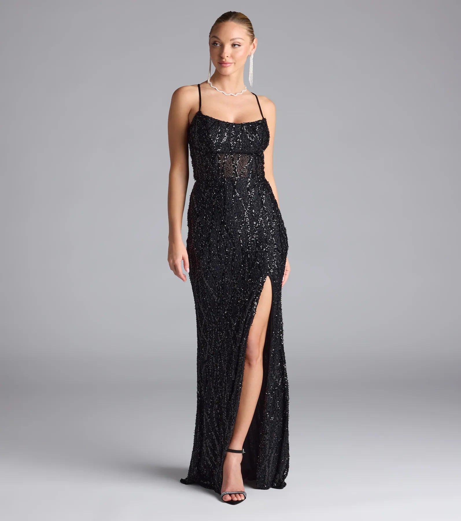 Meghan Lace-Up Corset Sequin Bead Formal Dress