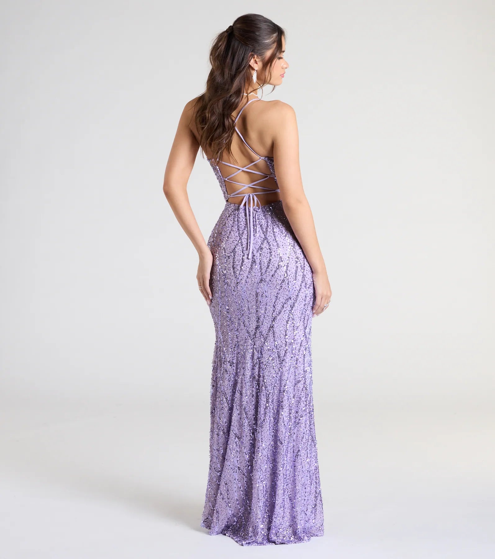 Meghan Lace-Up Corset Sequin Bead Formal Dress