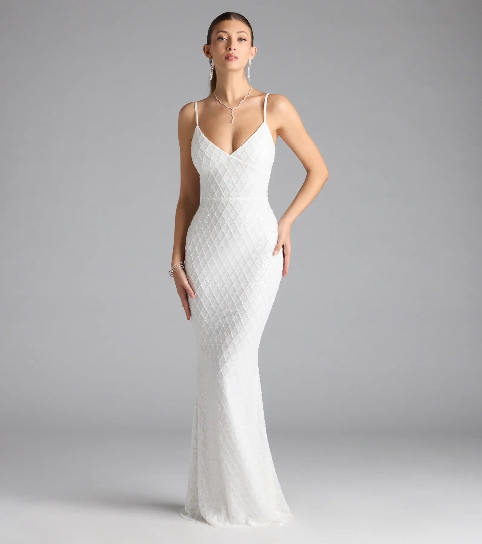 Kaylie V-Neck Bodycon Sequin Bead Formal Dress