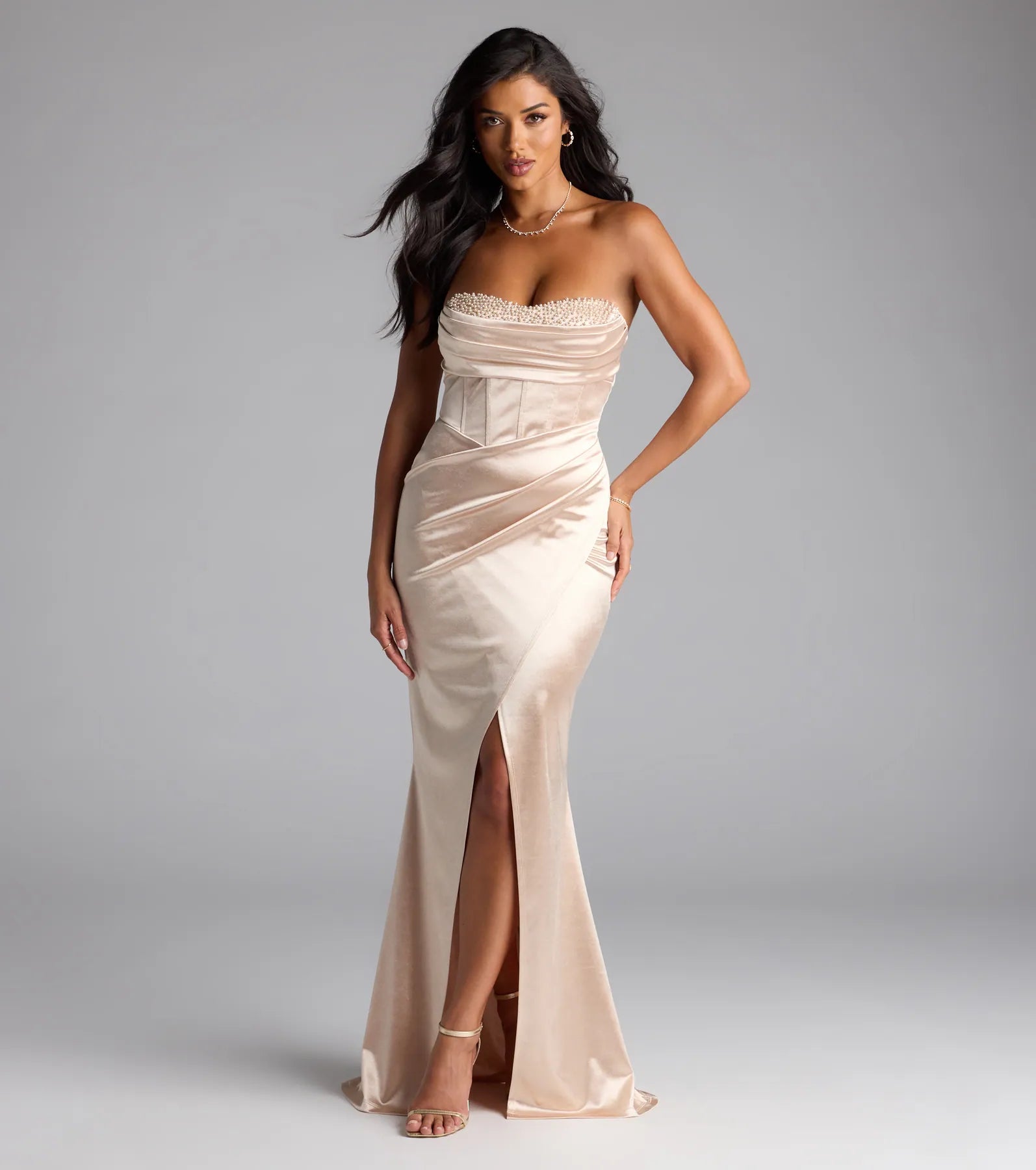 Loren Pearl Corset Slit Satin Formal Dress