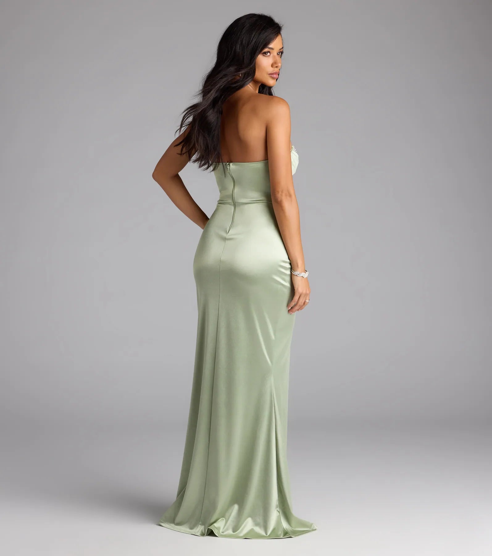 Loren Pearl Corset Slit Satin Formal Dress