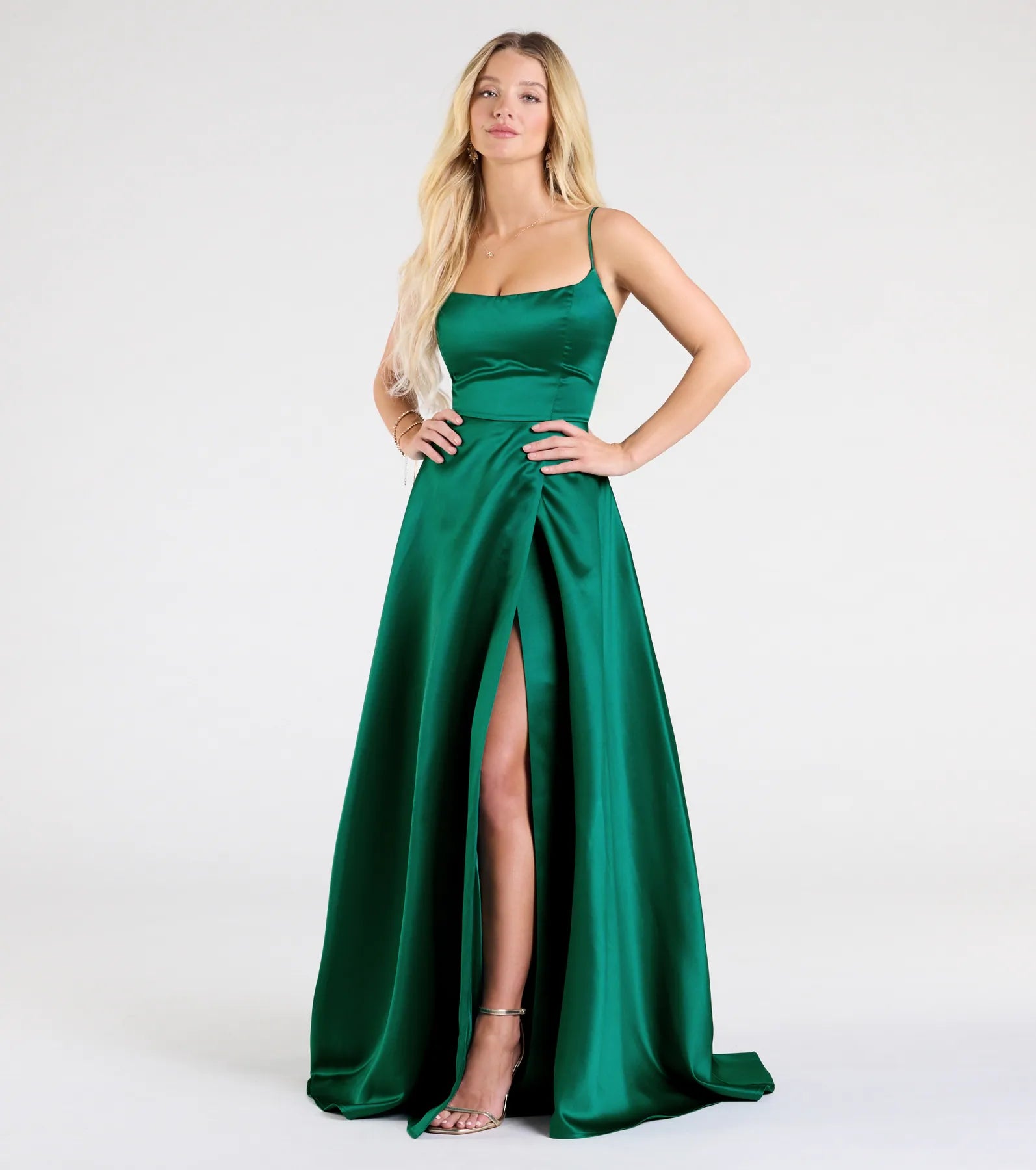 Brittany Lace-Up Slit A-Line Satin Formal Dress