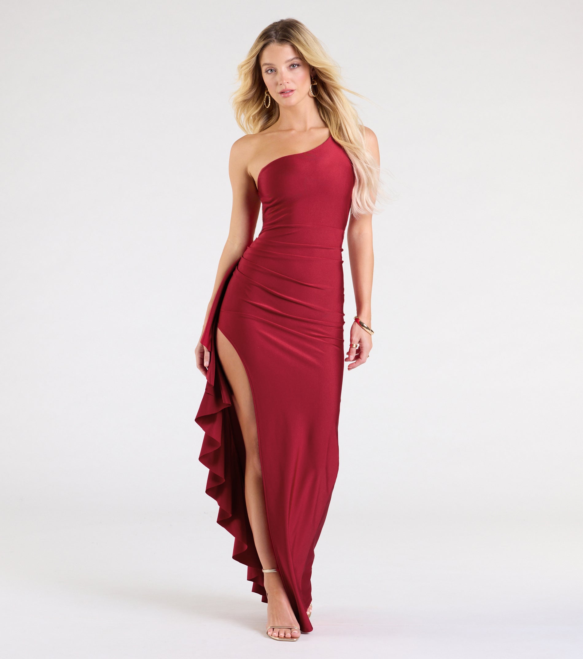 Isabella One-Shoulder Ruffle Slit Formal Dress