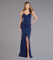 Johanna Cowl Neck Slit Glitter Formal Dress