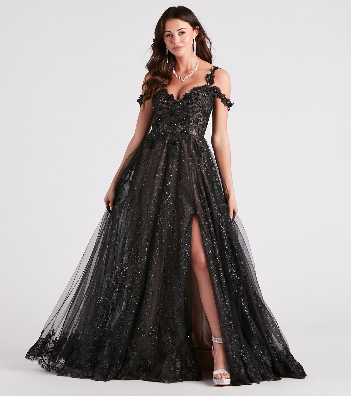 Adele Lace Glitter Cold Shoulder Ball Gown