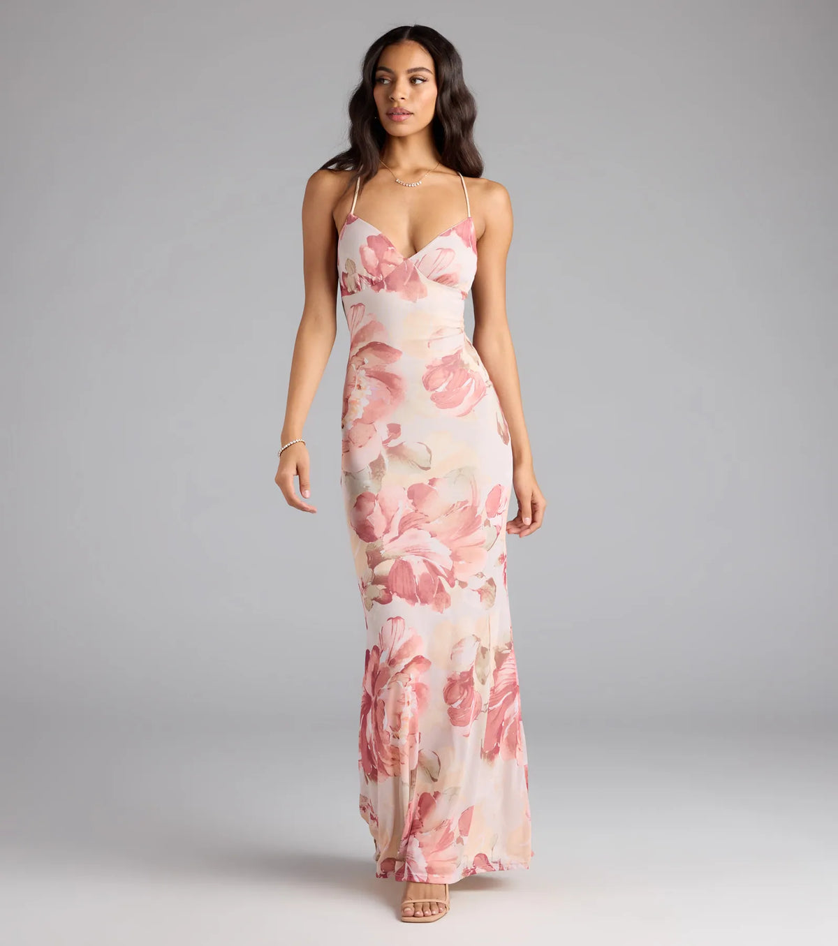 Romantic Flair Floral Lace-Up Maxi Dress