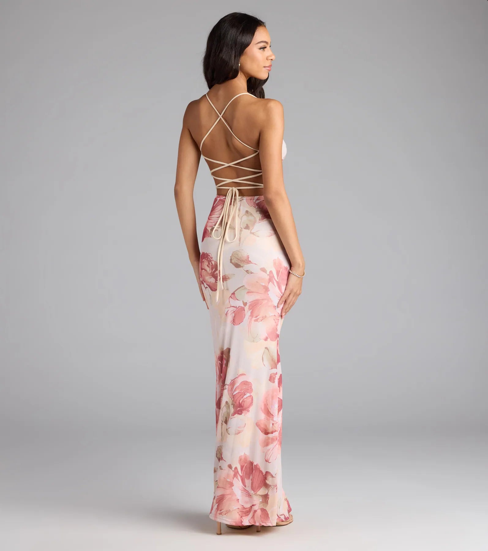 Romantic Flair Floral Lace-Up Maxi Dress