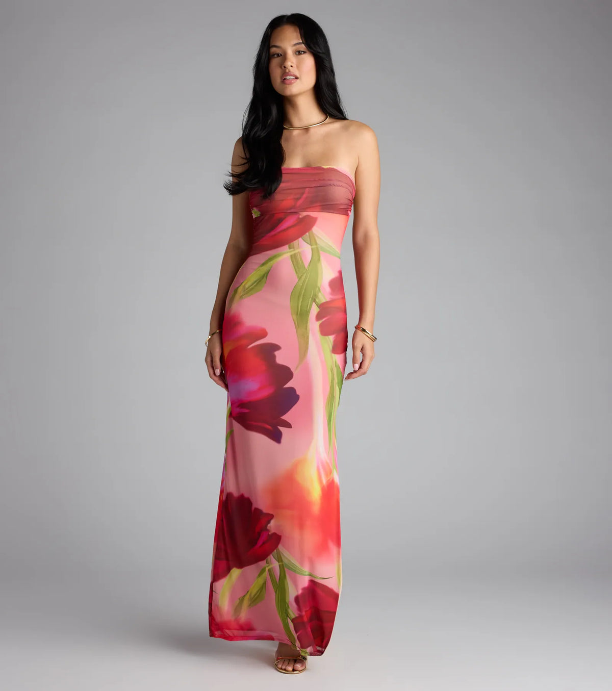 Feelin' Bold Floral Mesh Strapless Maxi Dress