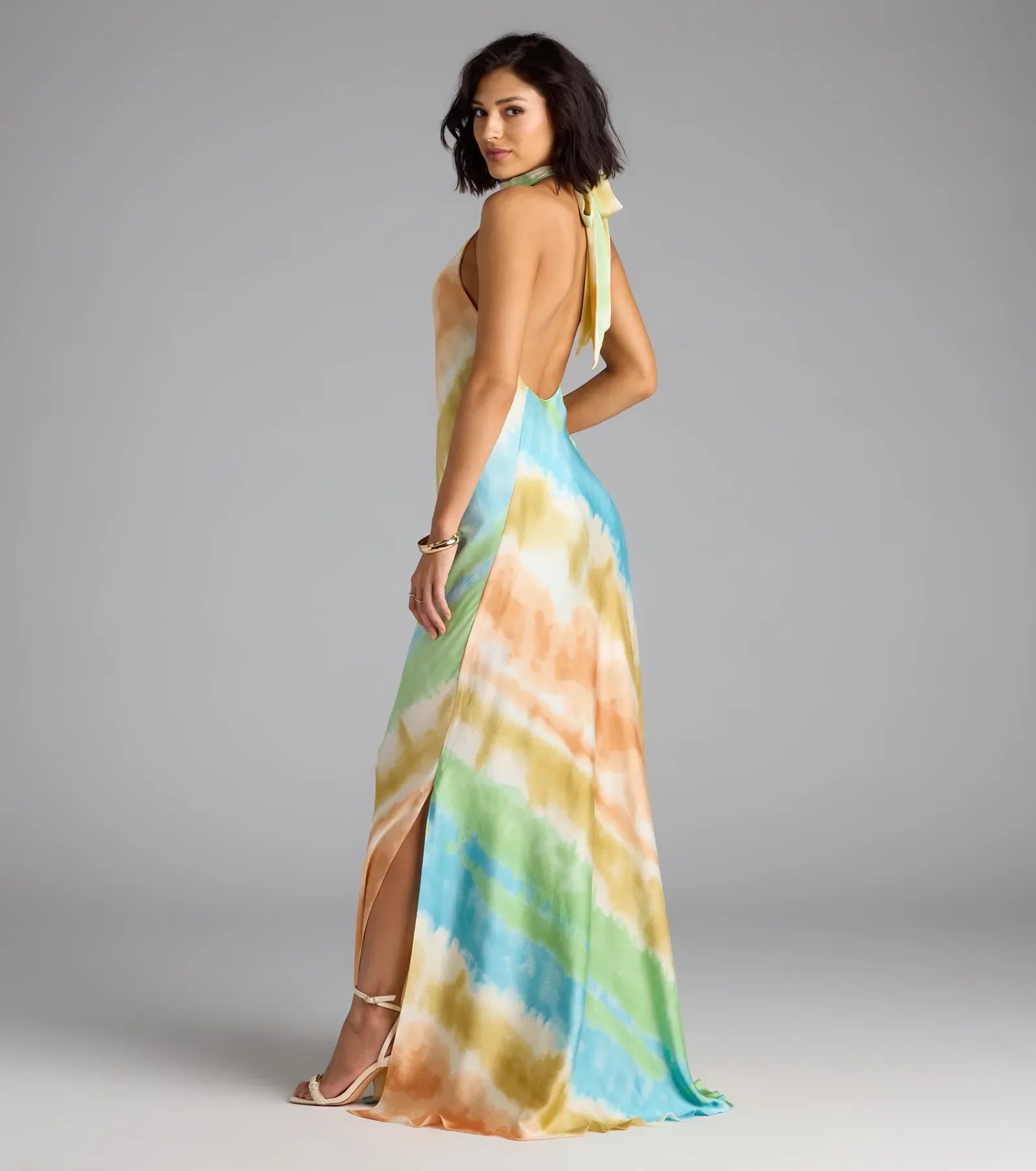 True Colors Open Back Abstract Satin Maxi Dress