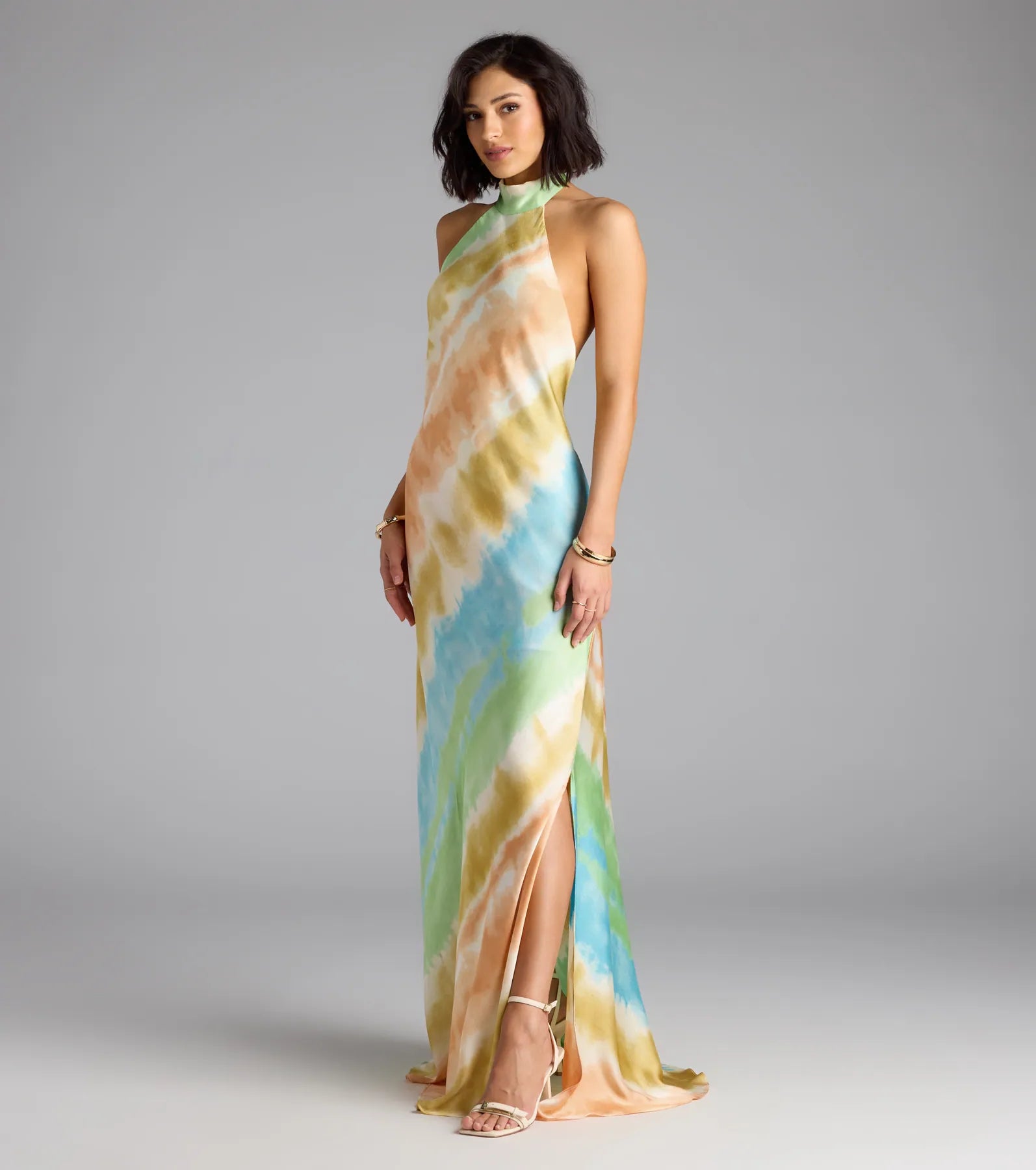 True Colors Open Back Abstract Satin Maxi Dress