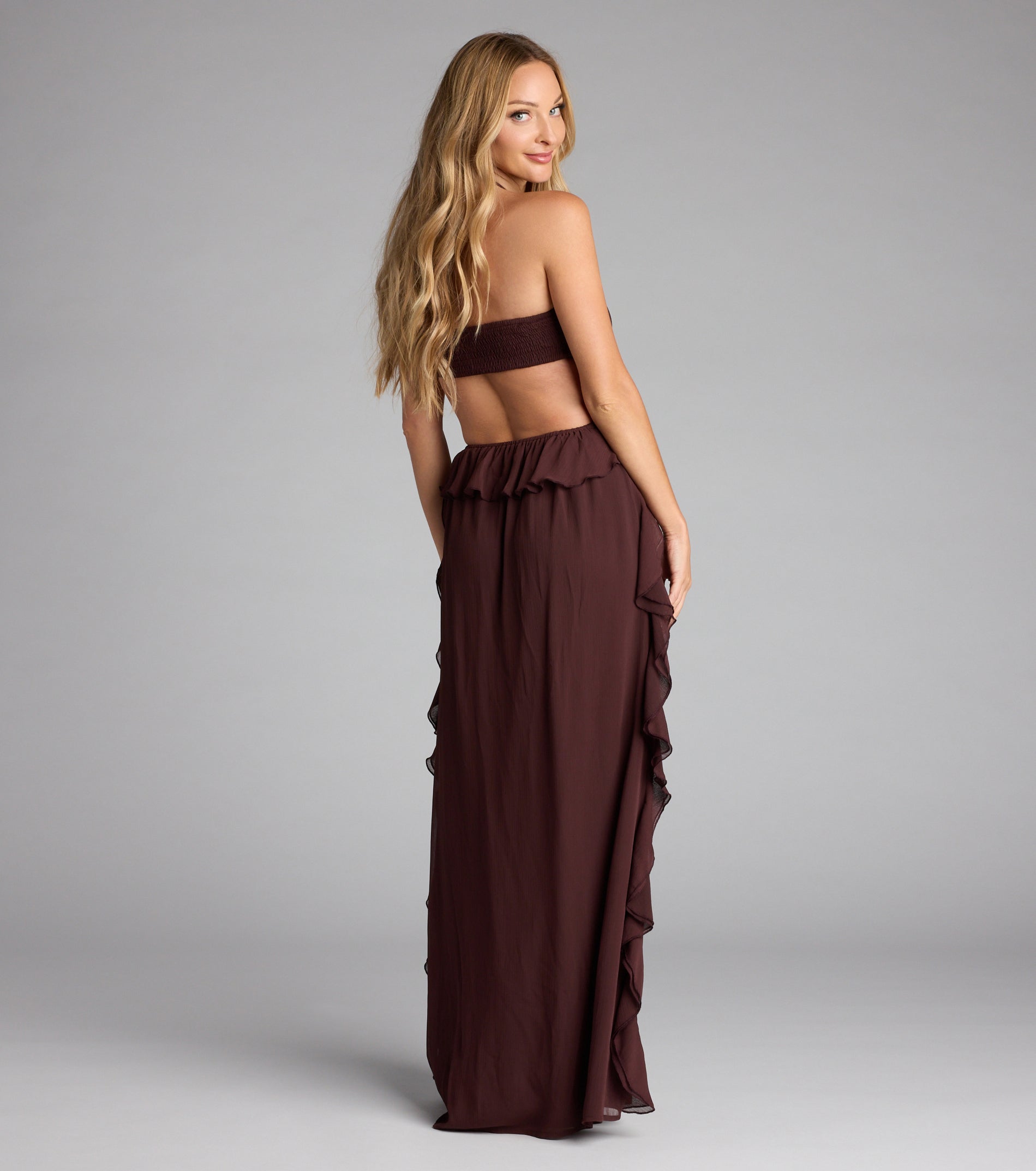Ruffle and Ready Chiffon Halter Maxi Dress