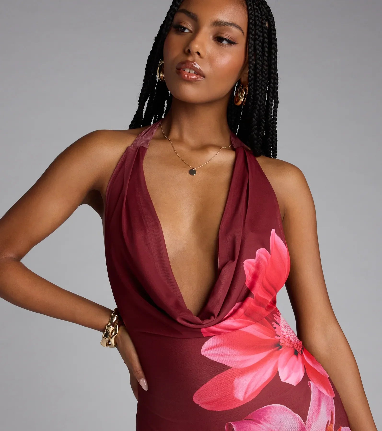 Amalfi Coast Plunge Neck Mermaid Floral Maxi Dress