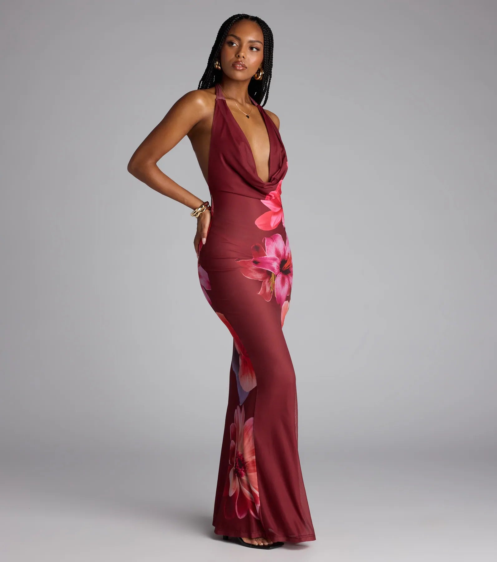 Amalfi Coast Plunge Neck Mermaid Floral Maxi Dress