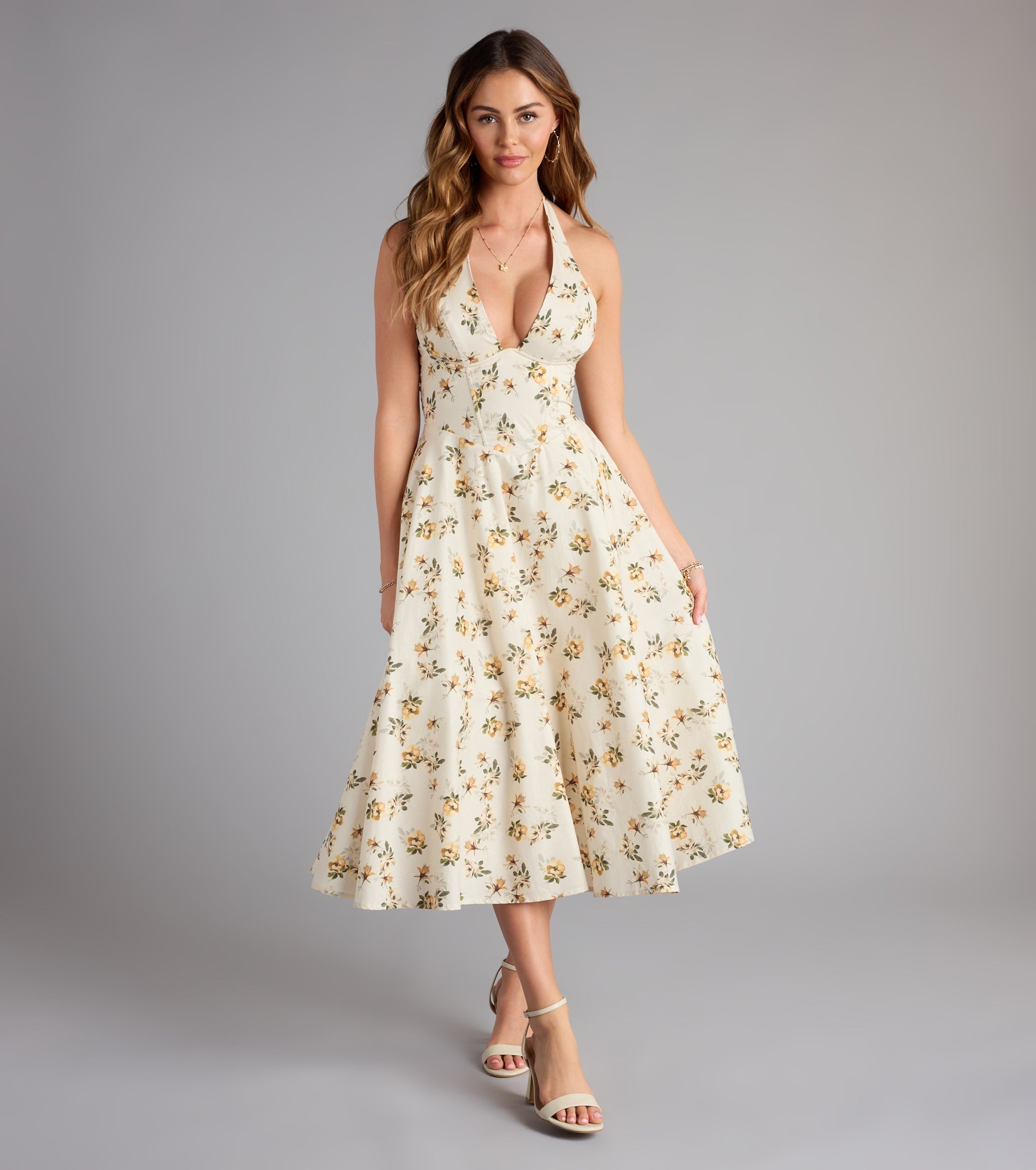 Set For Spring Halter Corset Floral Midi Dress