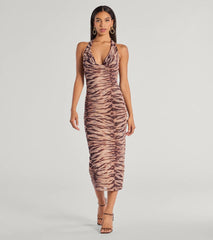 Sultry And Sassy Zebra Print Halter Midi Dress