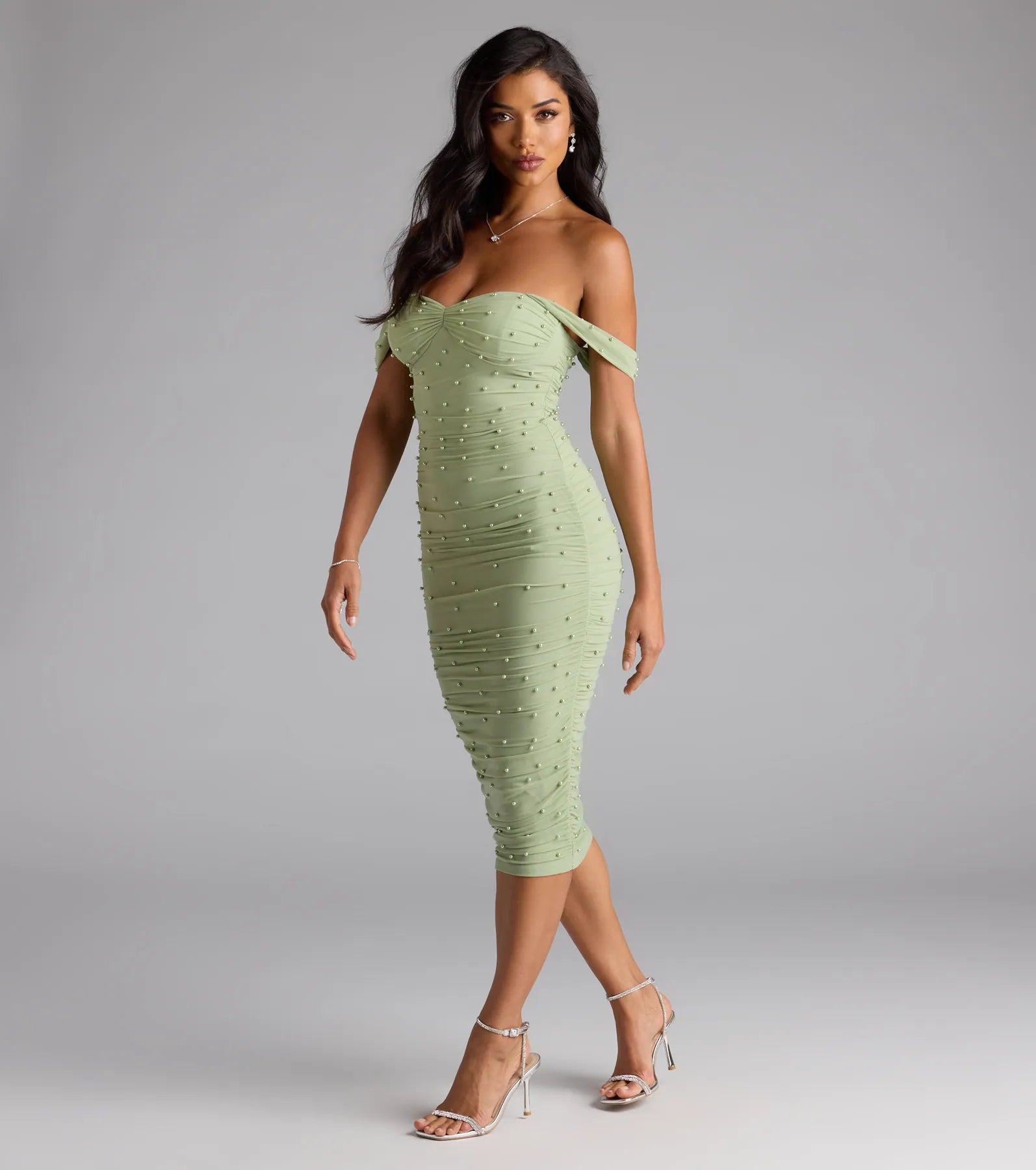 Pearl Babe Off-The-Shoulder Midi Dress