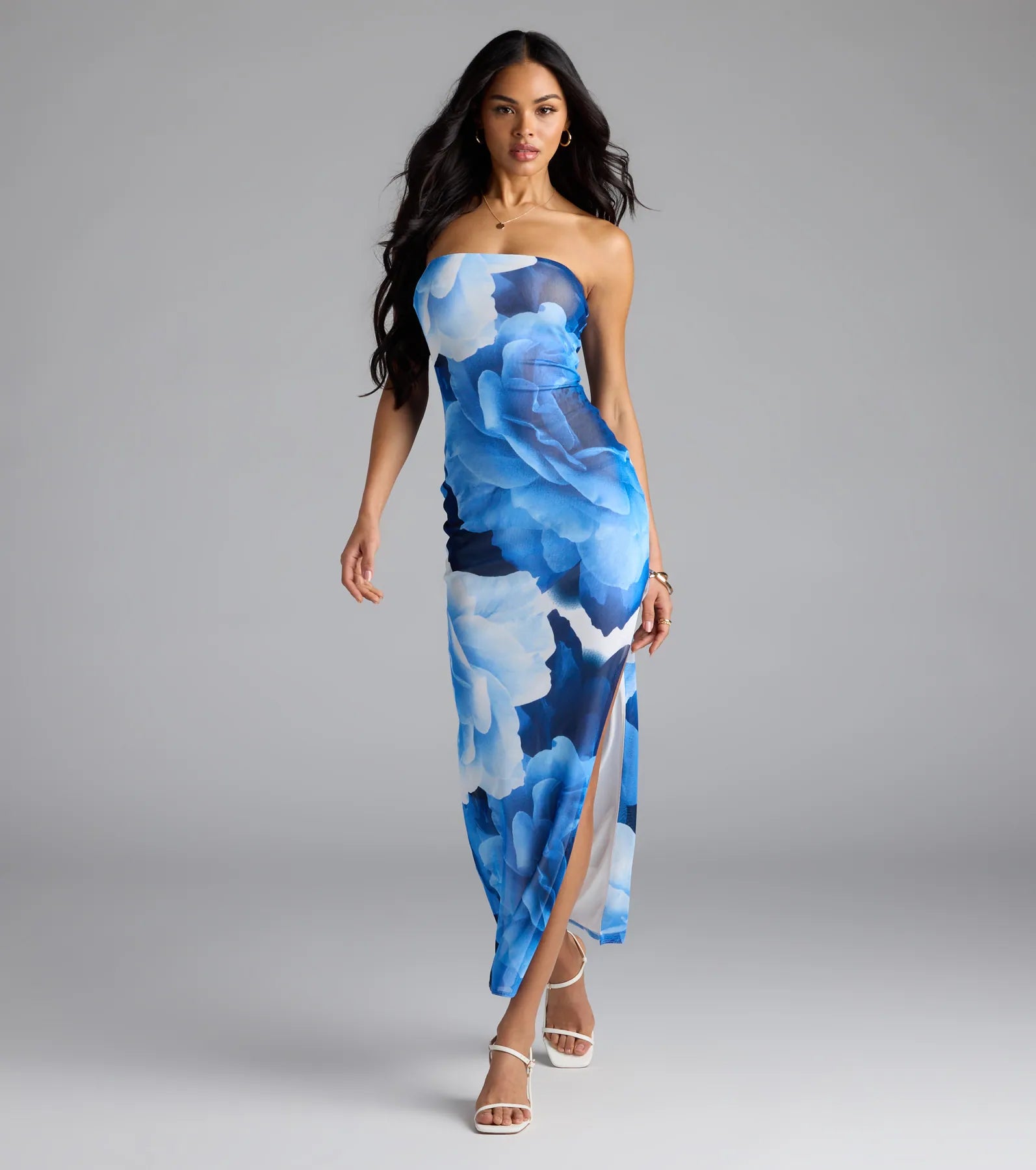 Grandeur Blooms Strapless Slit Floral Maxi Dress