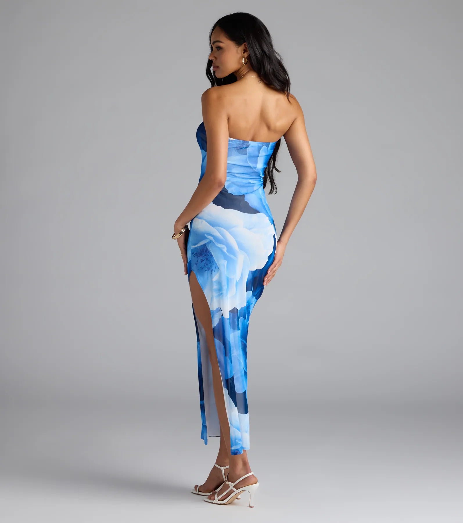 Grandeur Blooms Strapless Slit Floral Maxi Dress