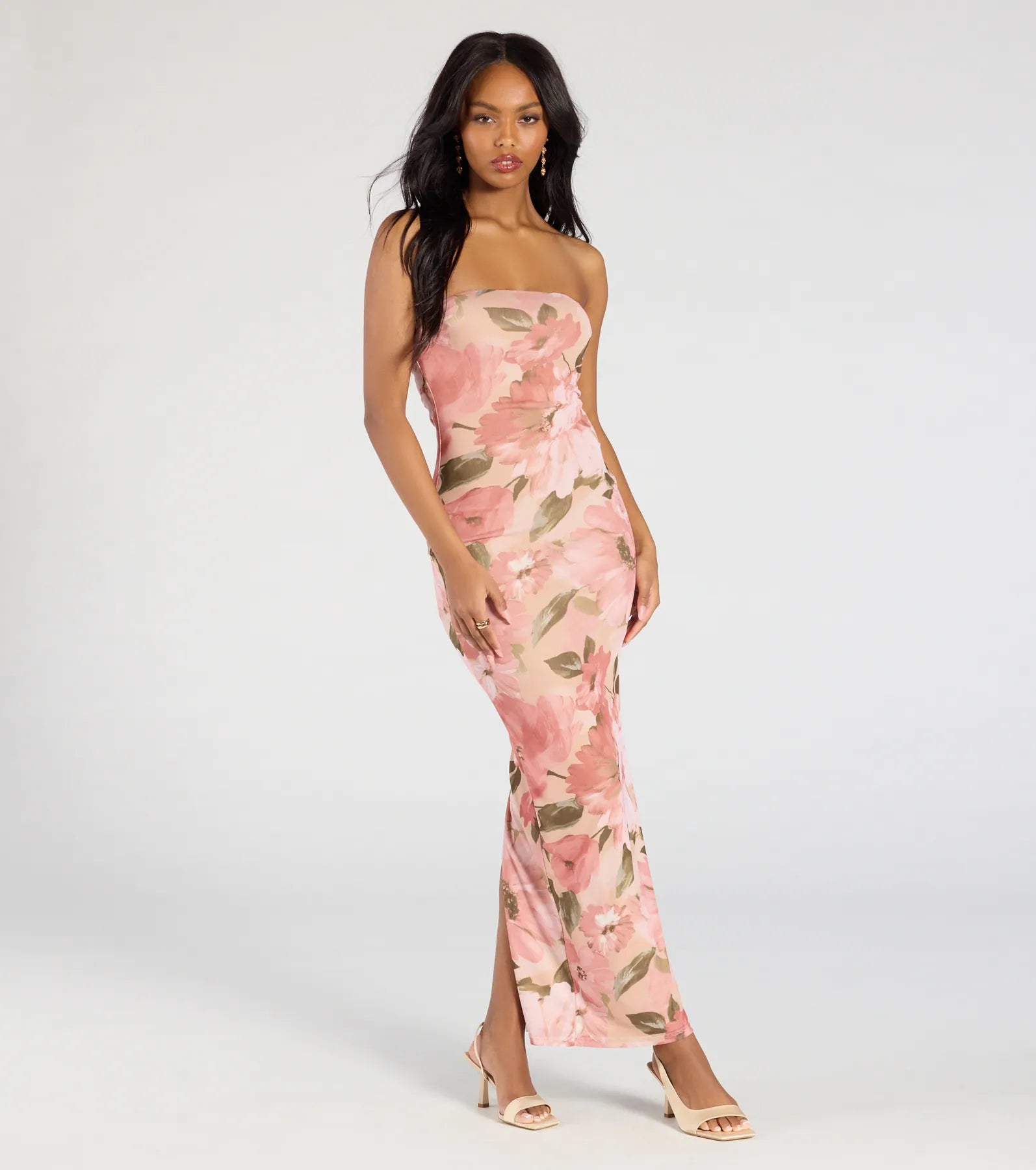 Major Beauty Floral Satin Strapless Maxi Dress