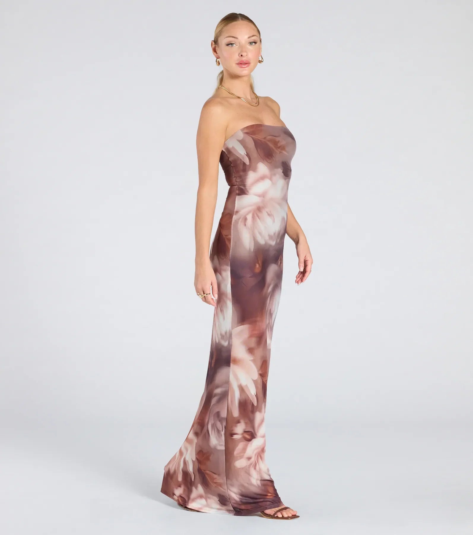 Make Your Debut Strapless Abstract Mesh Maxi Dress