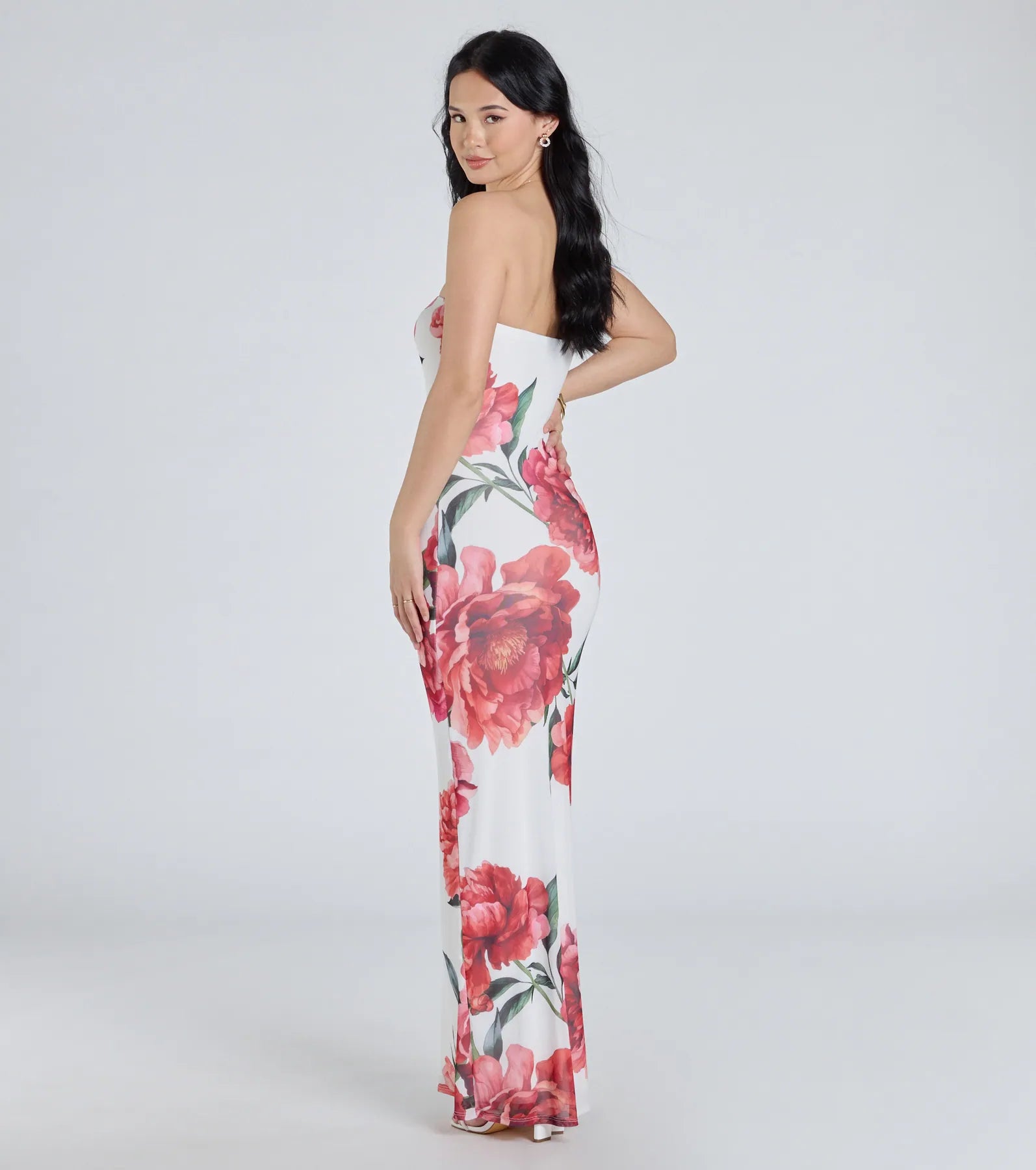 Bold Stunner Floral Mesh Strapless Maxi Dress