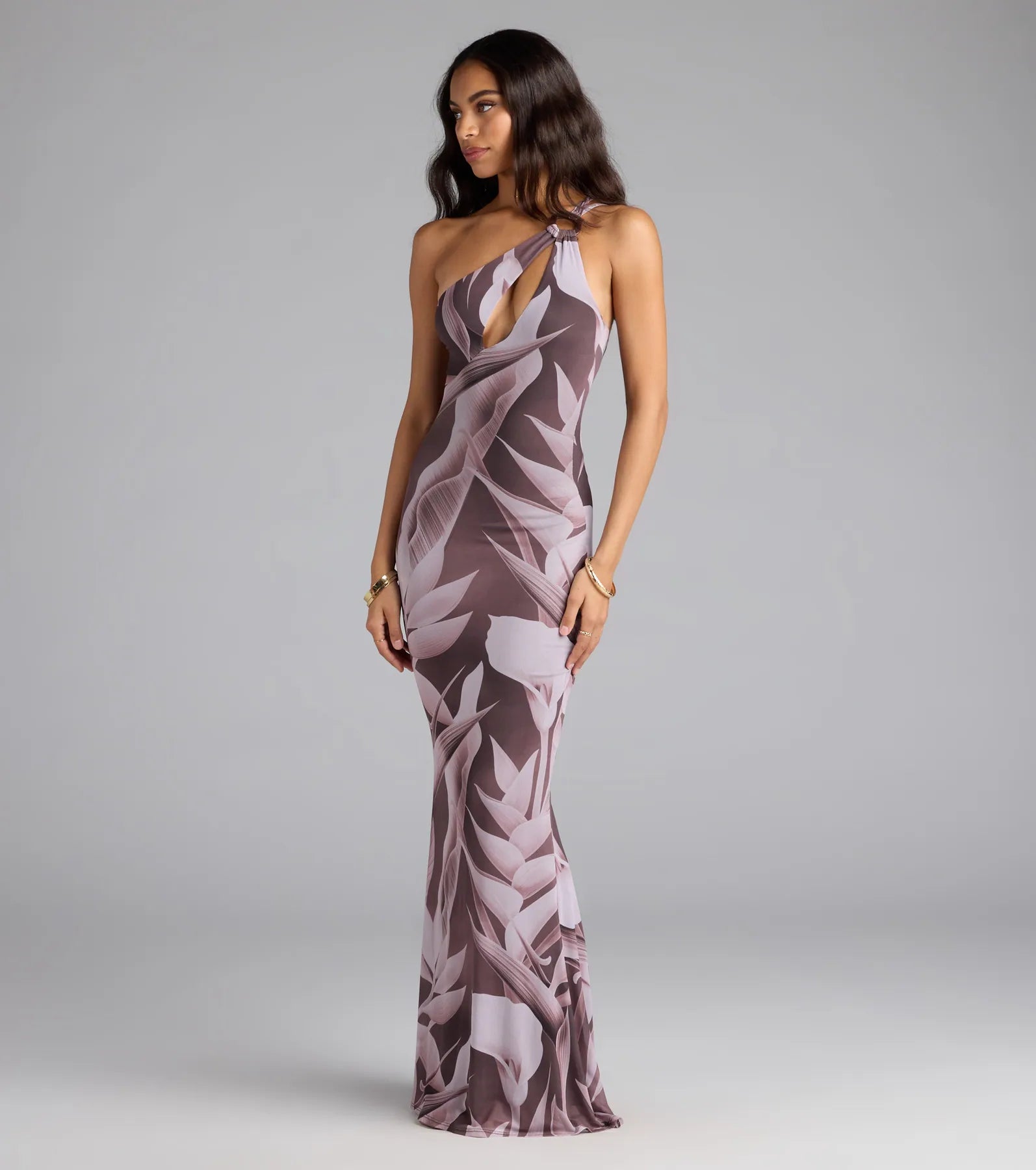 Vacay Mode Tropical Print One-Shoulder Maxi Dress