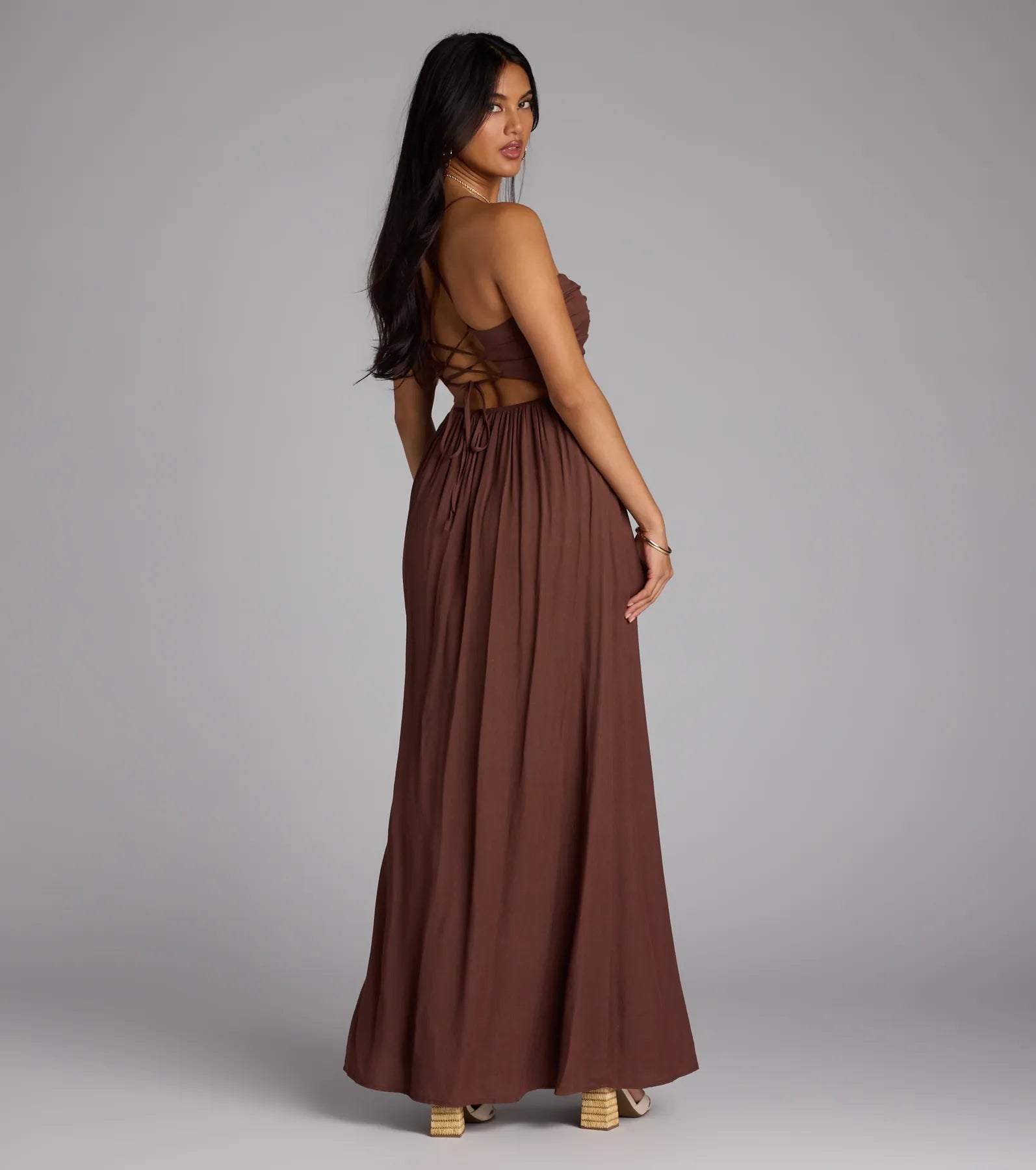 Eyes On You Lace-Up Slit Maxi Dress