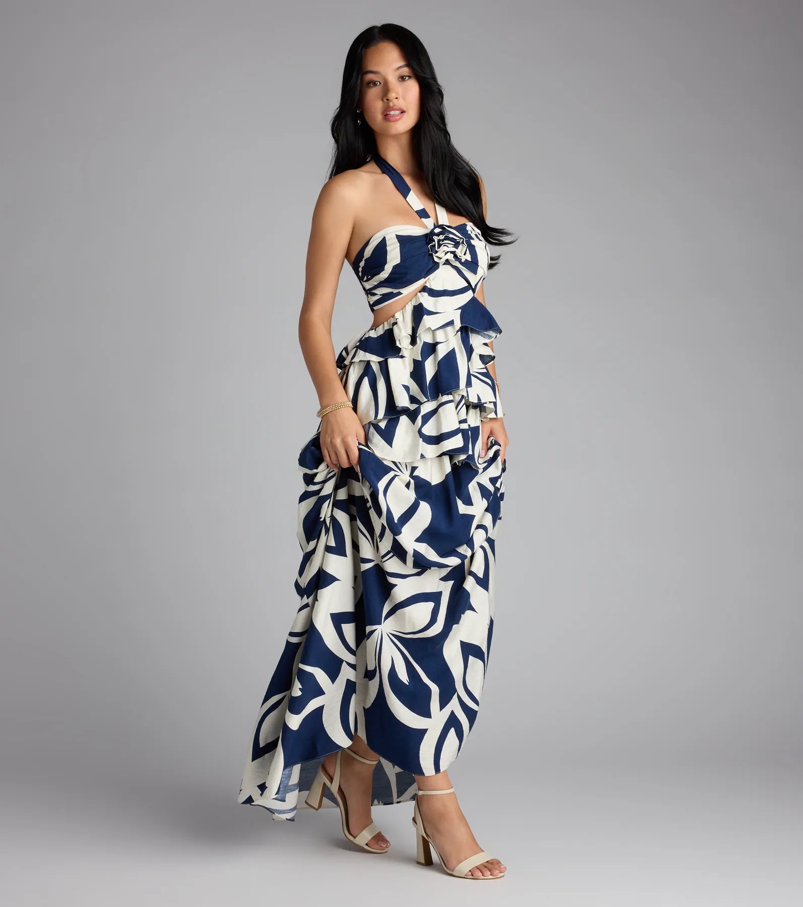 Bold And Beautiful Rosette Halter Cutout Maxi Dress