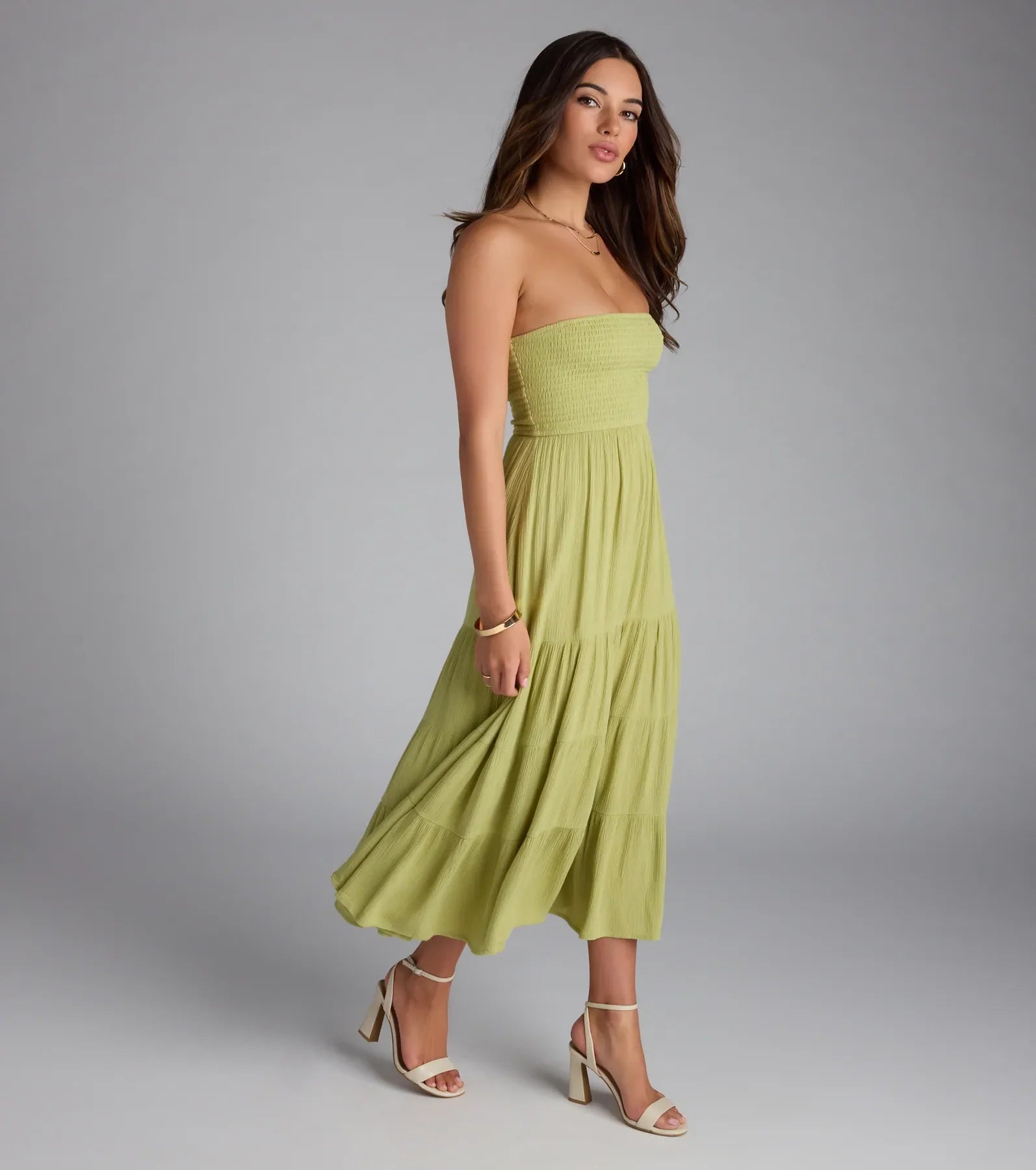 Breezy Summer Strapless Tiered Midi Dress