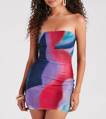 Colorful Style Strapless Abstract Mini Dress