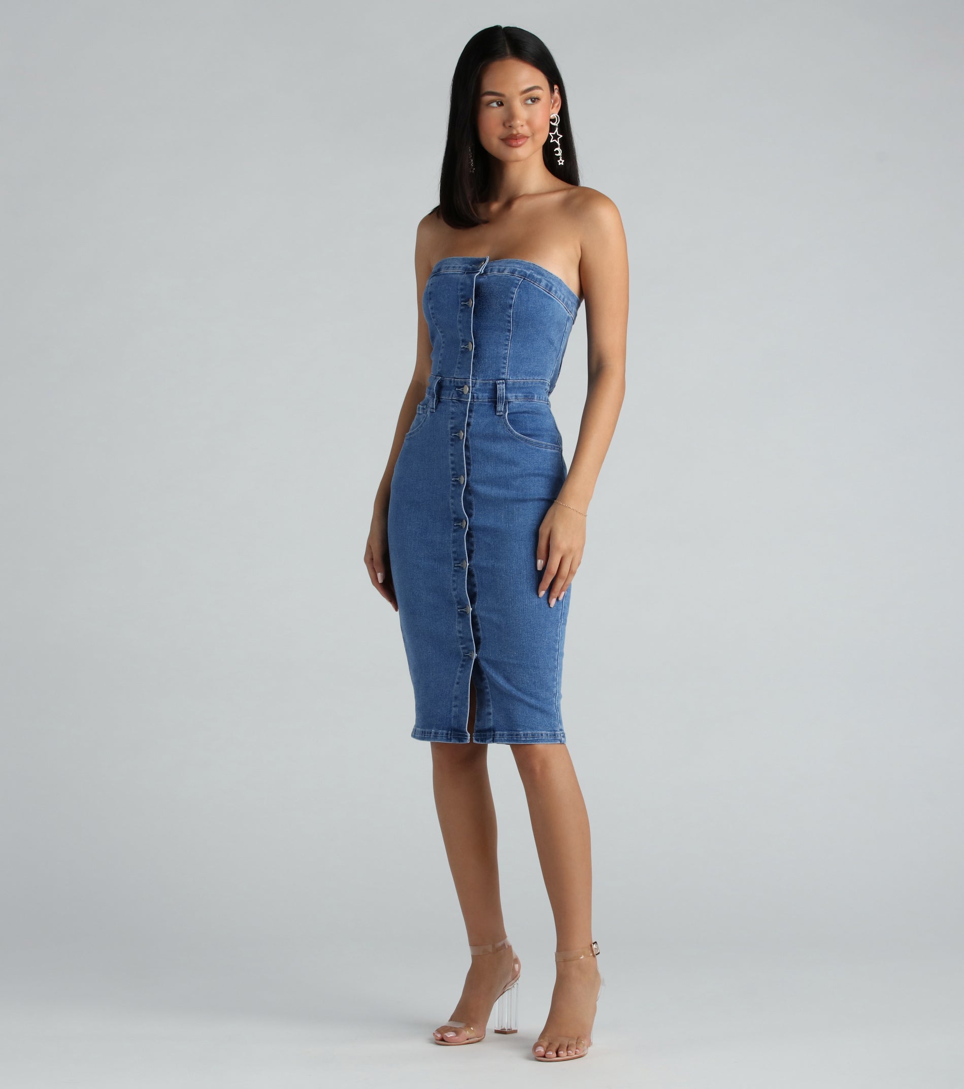 On The Down Low Denim Strapless Midi Dress