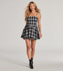 Fall Flair Plaid Woven Bubble Hem Skater Dress