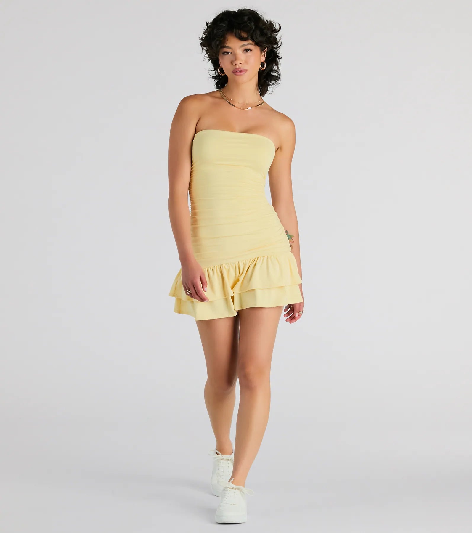 Here Comes The Sun Strapless Ruffled Mini Dress