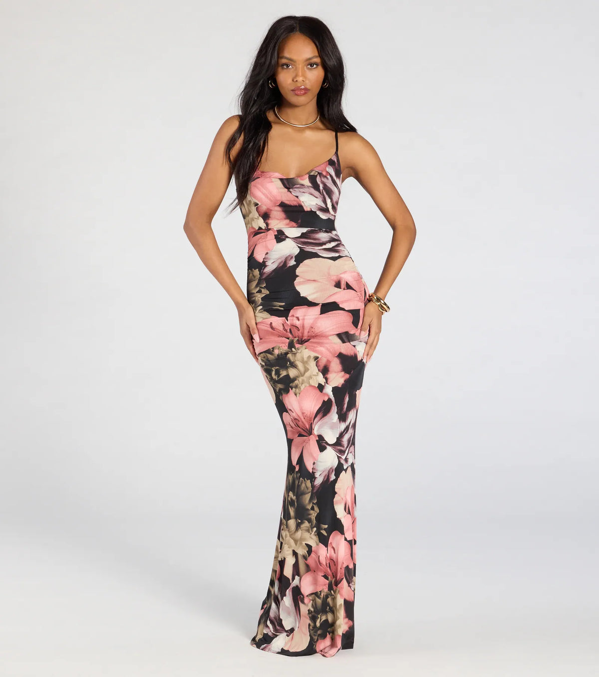 Vacay Bound Tropical Floral Ruched Knit Maxi Dress