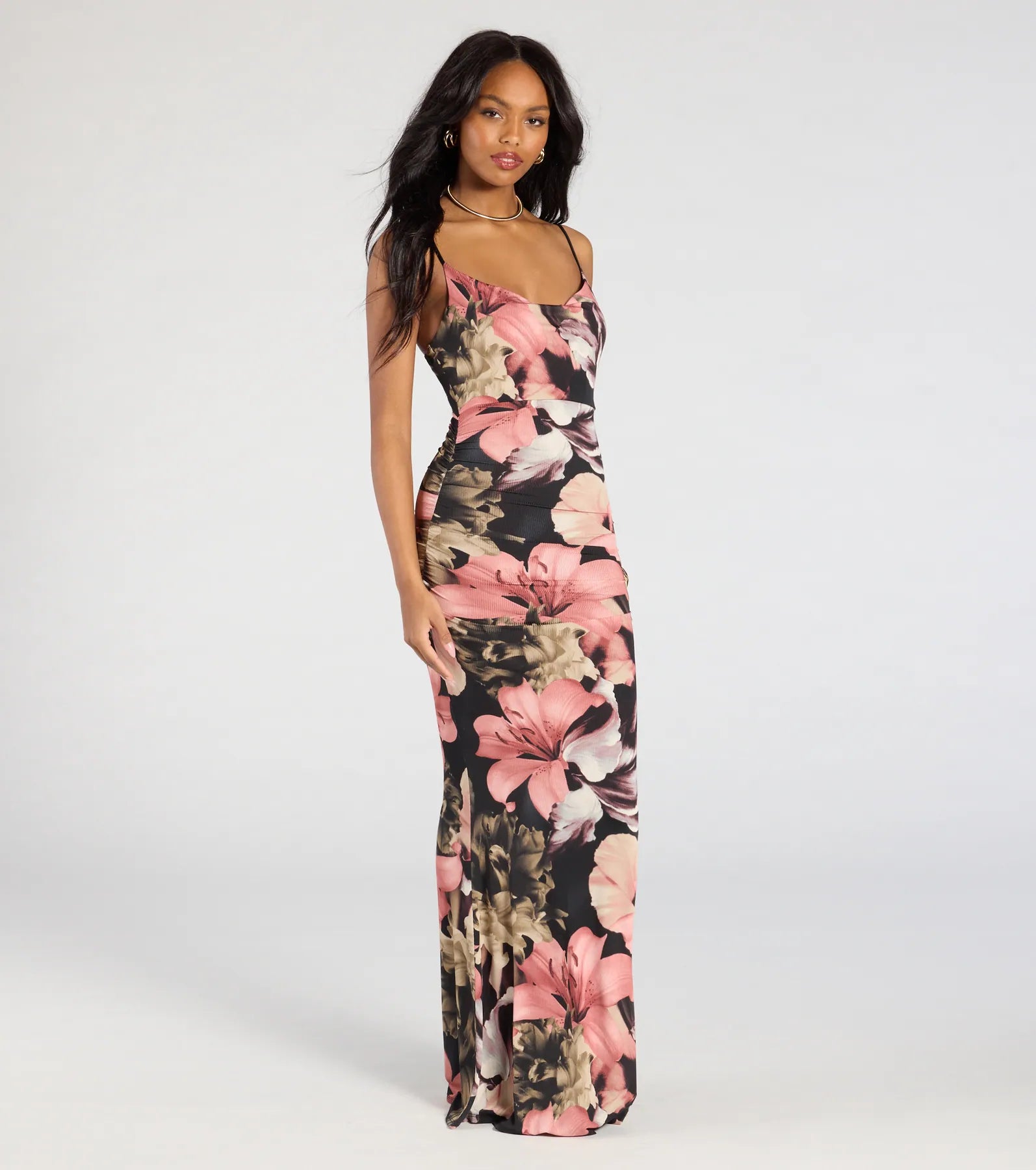 Vacay Bound Tropical Floral Ruched Knit Maxi Dress