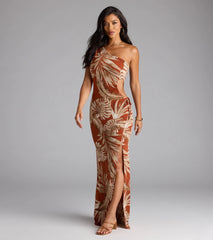 Island Style One-Shoulder Slit Tropical Maxi Dress