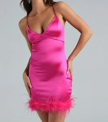 Ultimate Glam Girl Feather Trim Satin Mini Dress