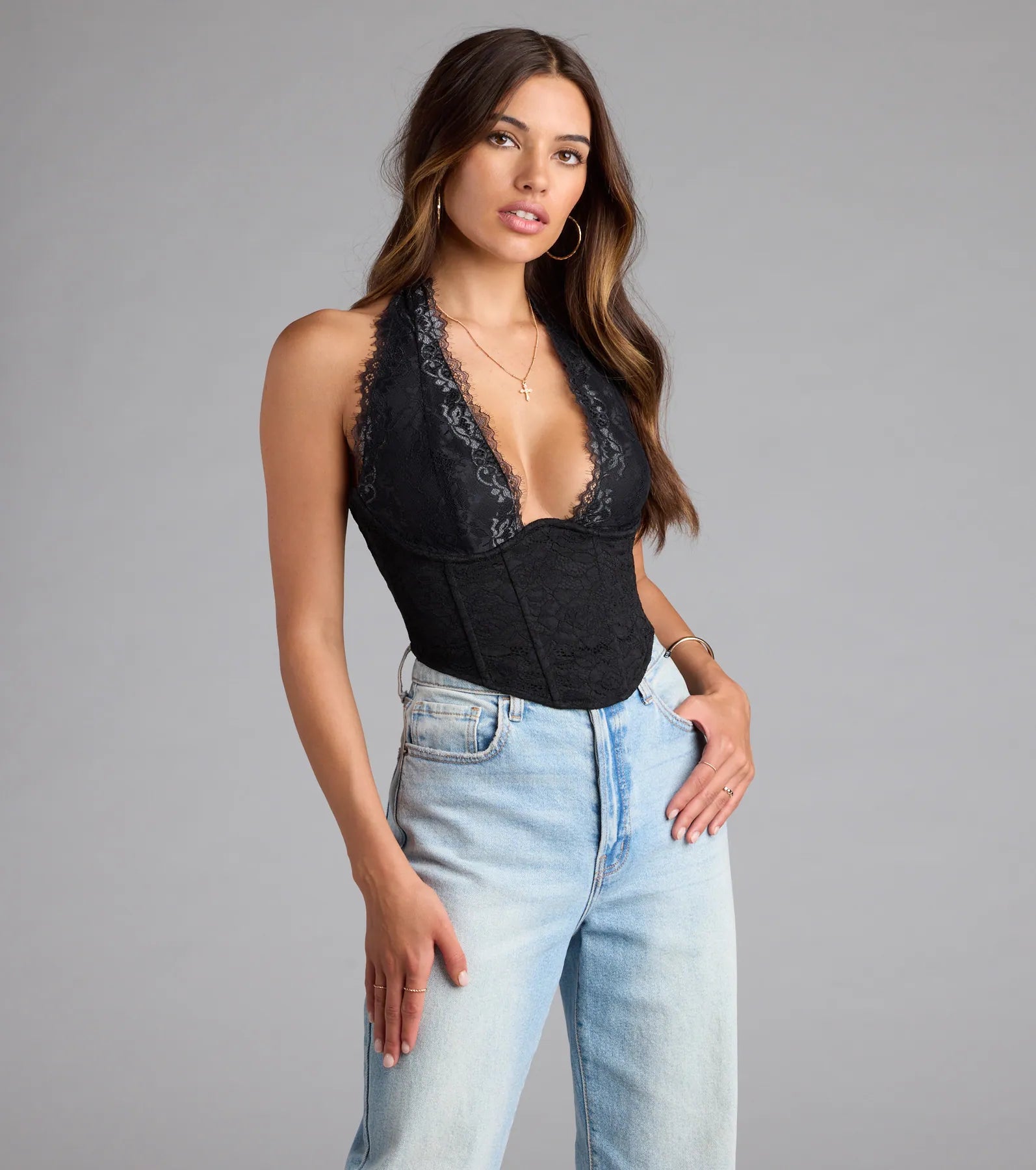 Gorgeous Night Lace Trim Corset Halter Top