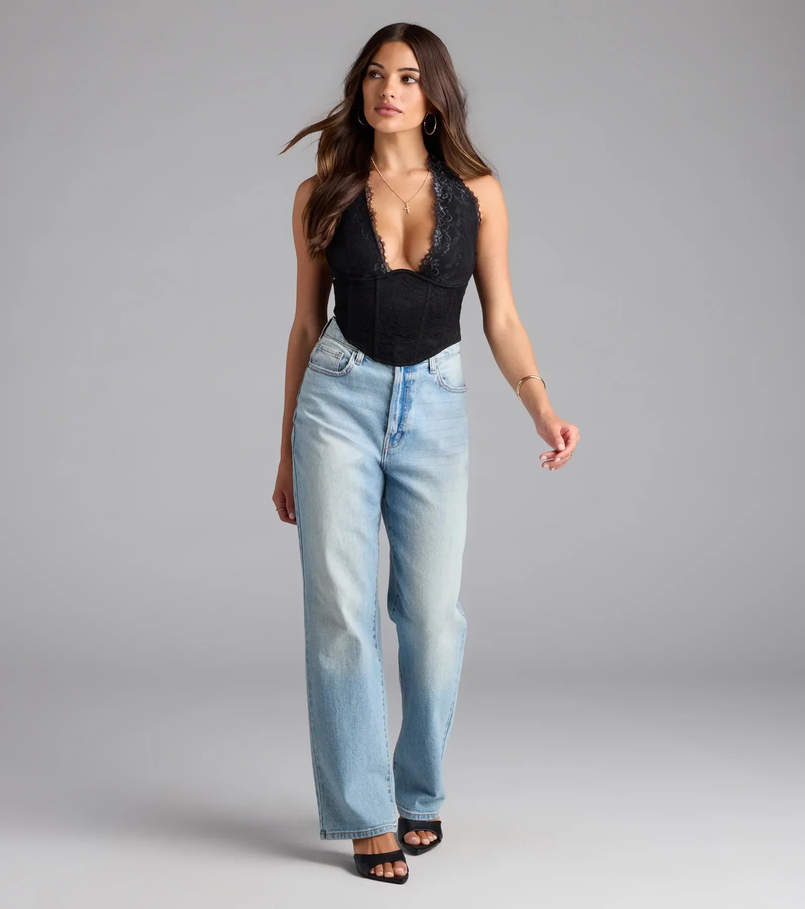 Gorgeous Night Lace Trim Corset Halter Top