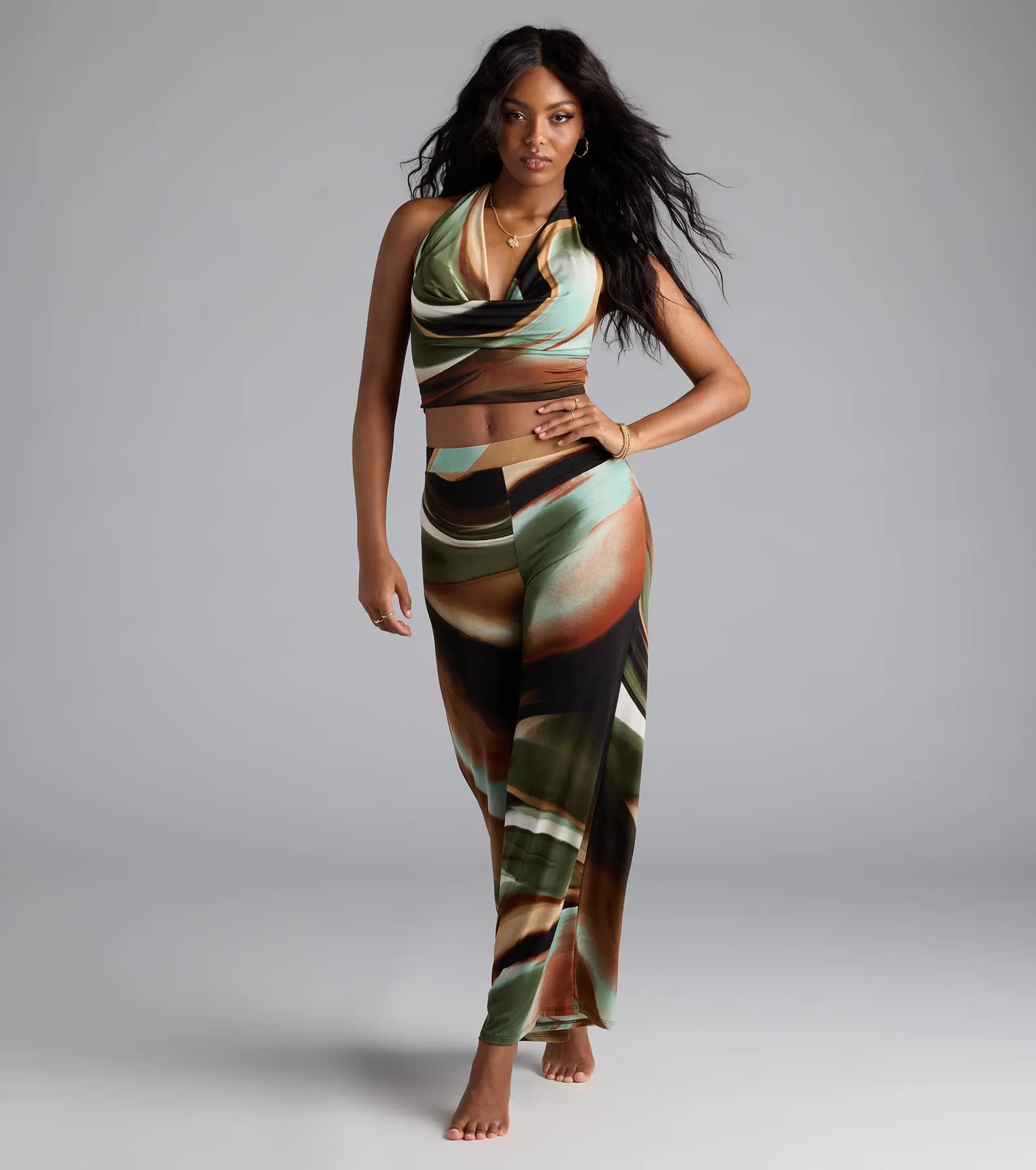 Sultry Effect Abstract Cowl Halter Crop Top