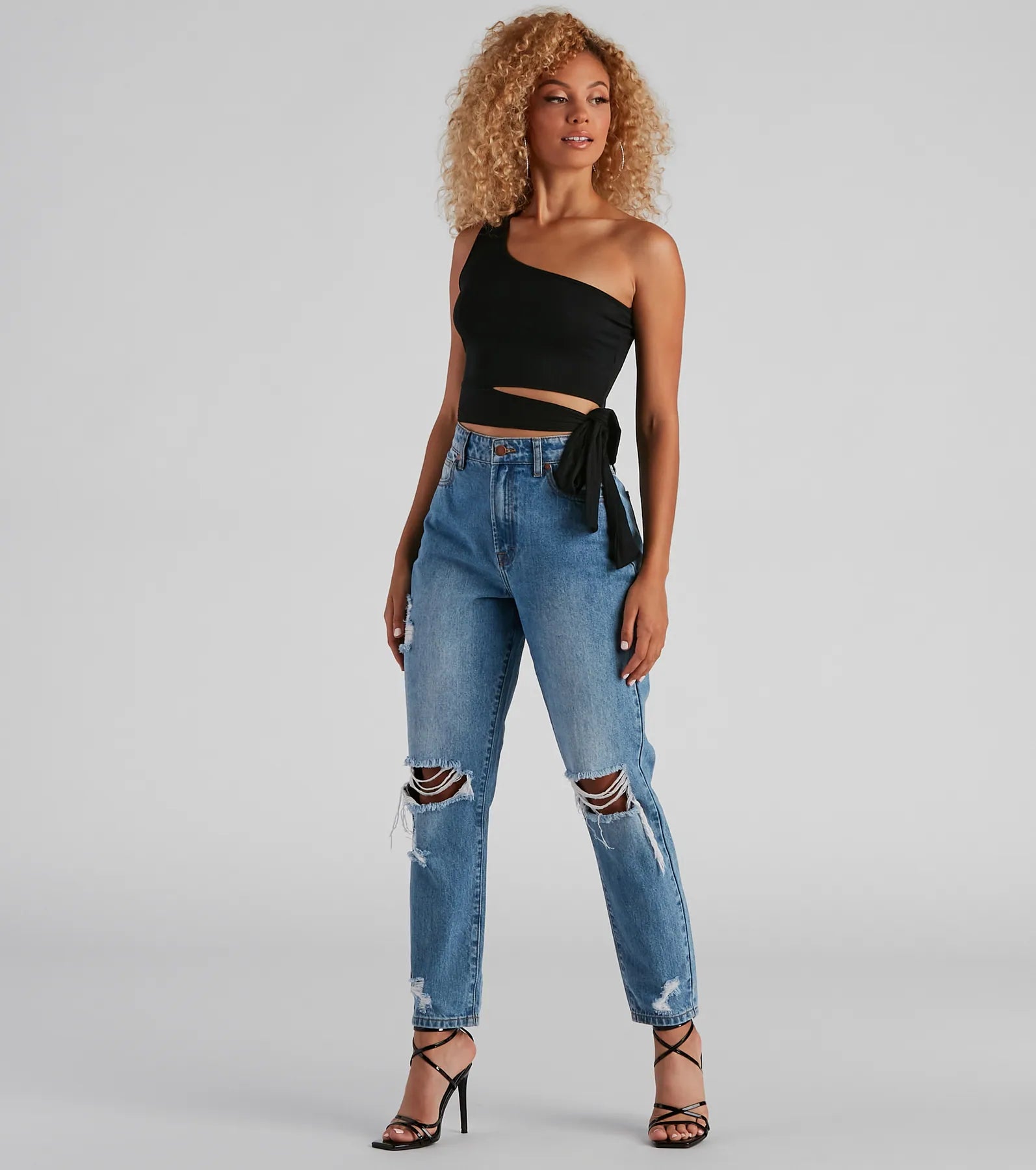 One Shoulder Tie Waist Crop Top