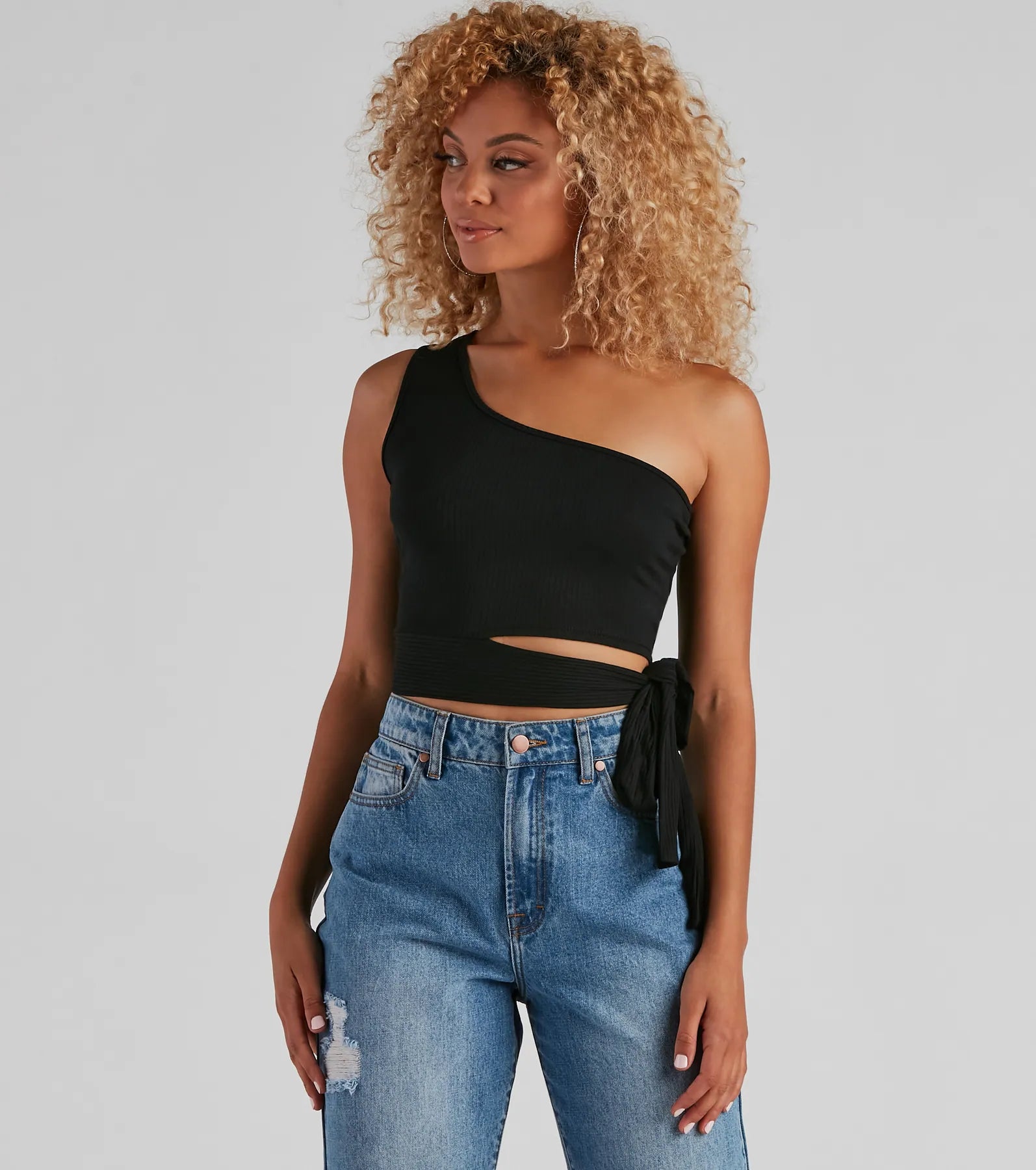 One Shoulder Tie Waist Crop Top