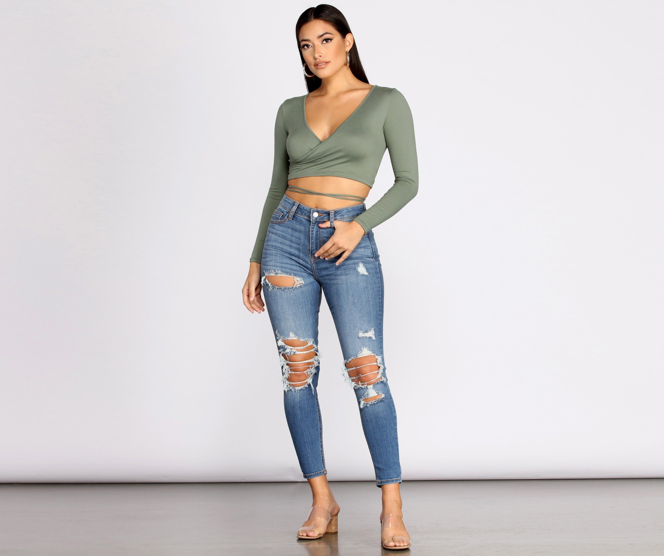 Brushed Knit Wrap Front Crop Top