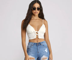 Double Row Tie Front Ribbed Crop Top