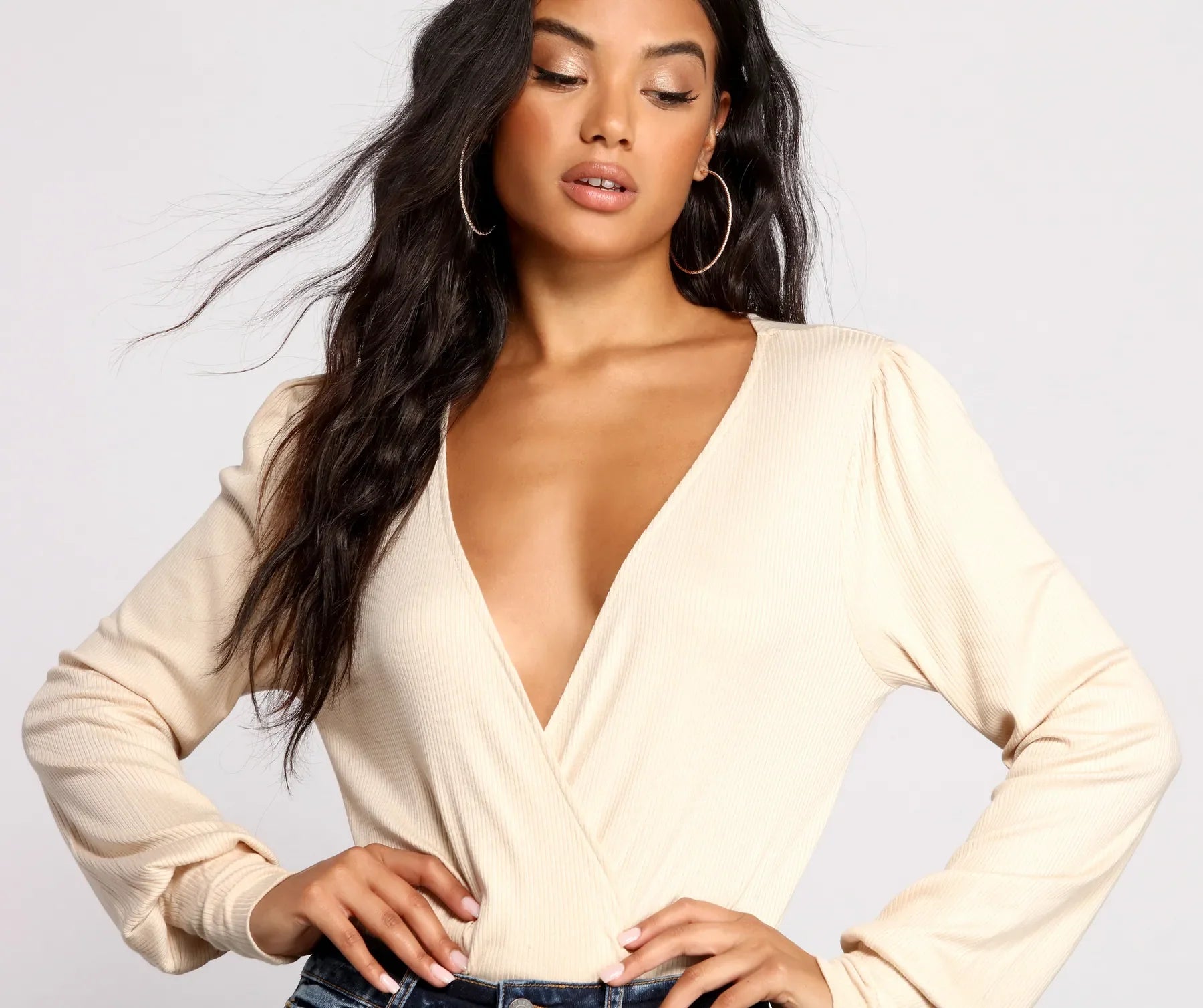 Sultry Deep V Neck Ribbed Bodysuit