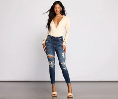 Sultry Deep V Neck Ribbed Bodysuit