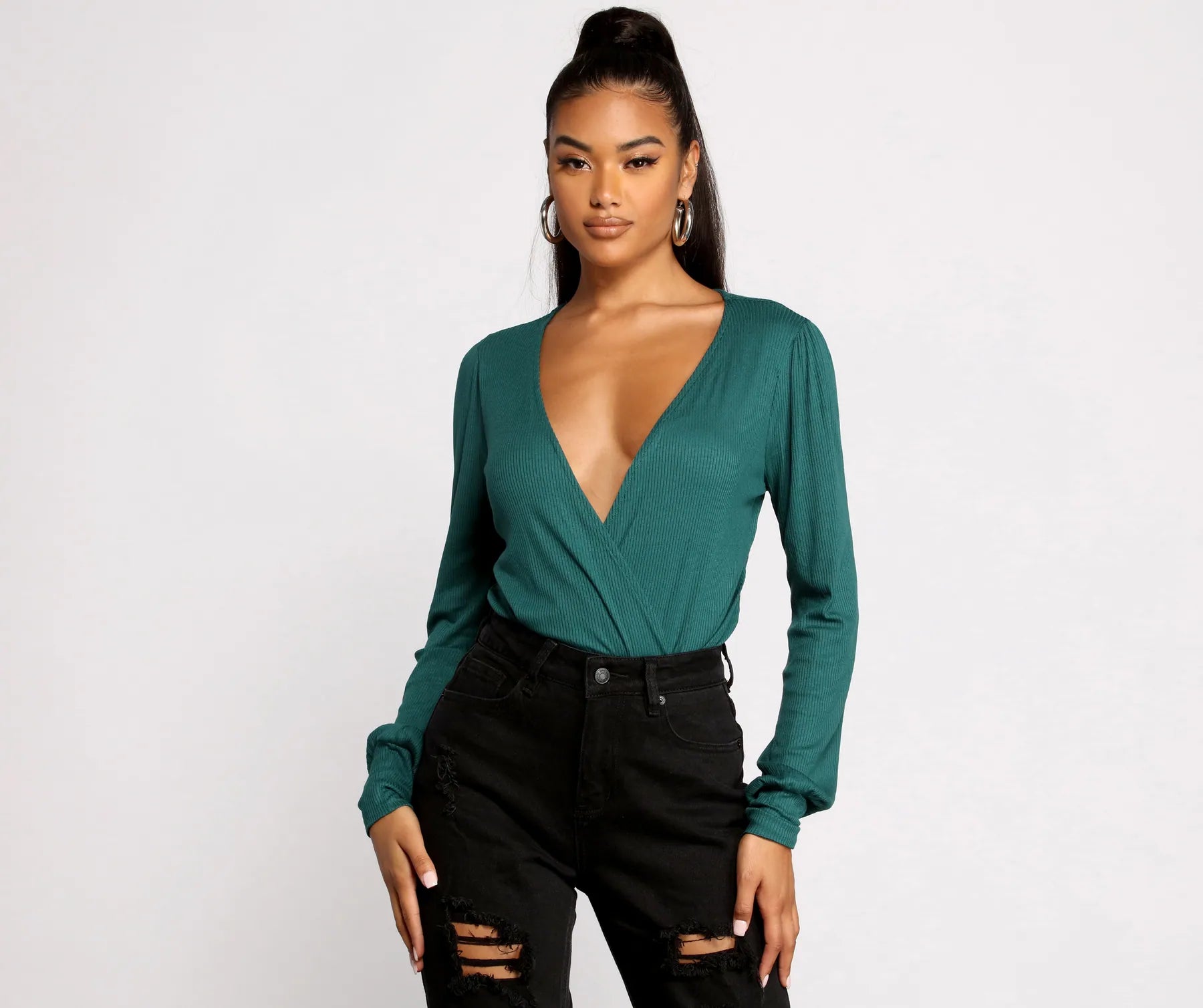 Sultry Deep V Neck Ribbed Bodysuit