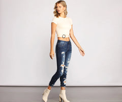Chic O-Ring Belt Ribbed Knit Crop Top