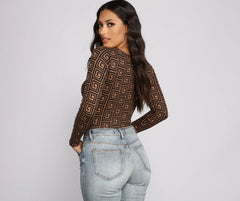 Greek Key Print Brushed Knit Bodysuit